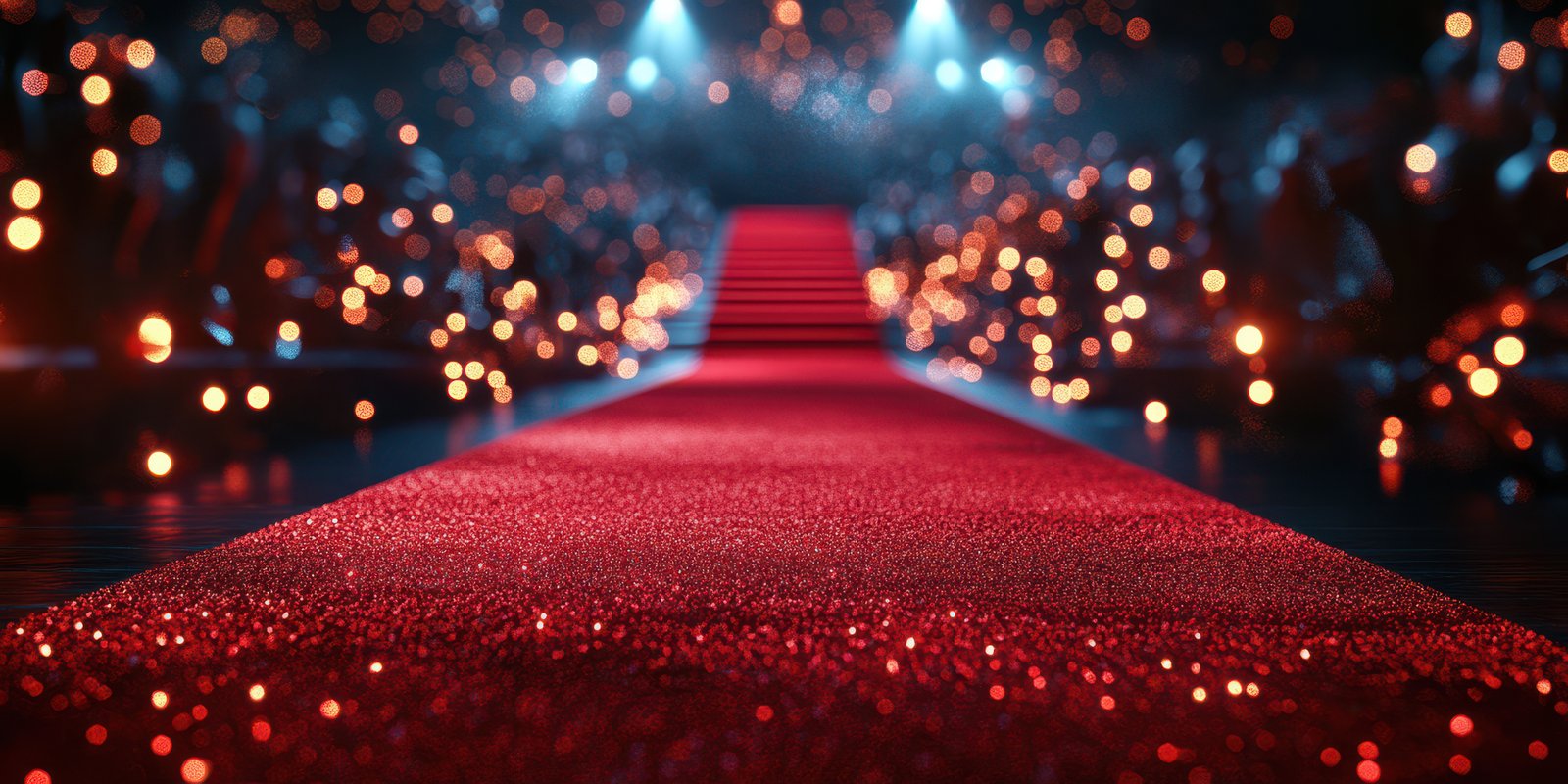 Red carpet leading to a stage surrounded by bright lights and audience at an evening gala event